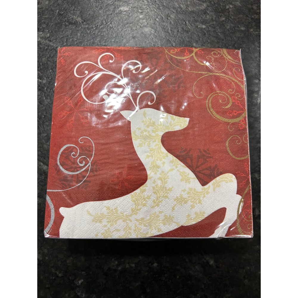 Christmas Reindeer and Trees Red Gold Silver Paper Napkins Sealed Pack